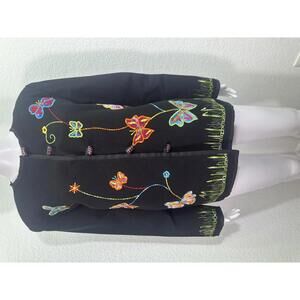 VTG Sz S Julia Kim Embroidered Black Jacket Butterflies Art Glass Buttons